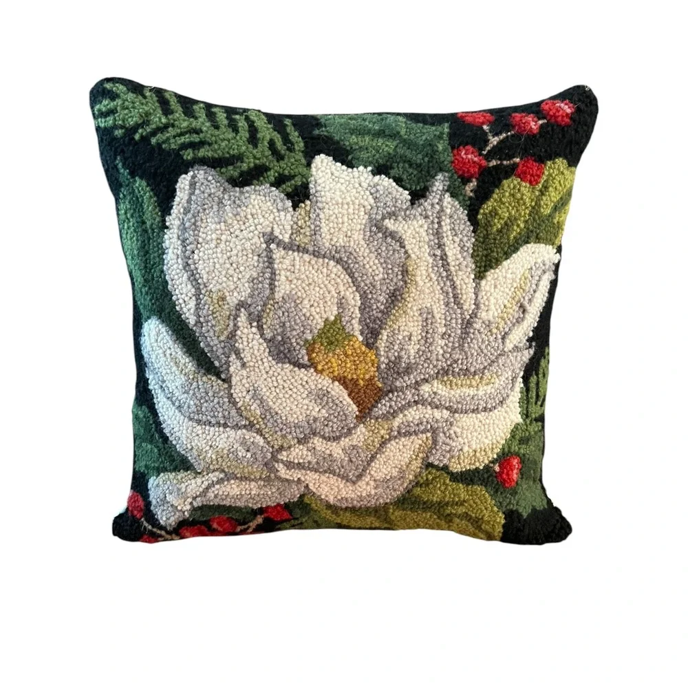 Peking Handicraft Magnolia Hooked Wool Throw Pillow 18x18 Decor